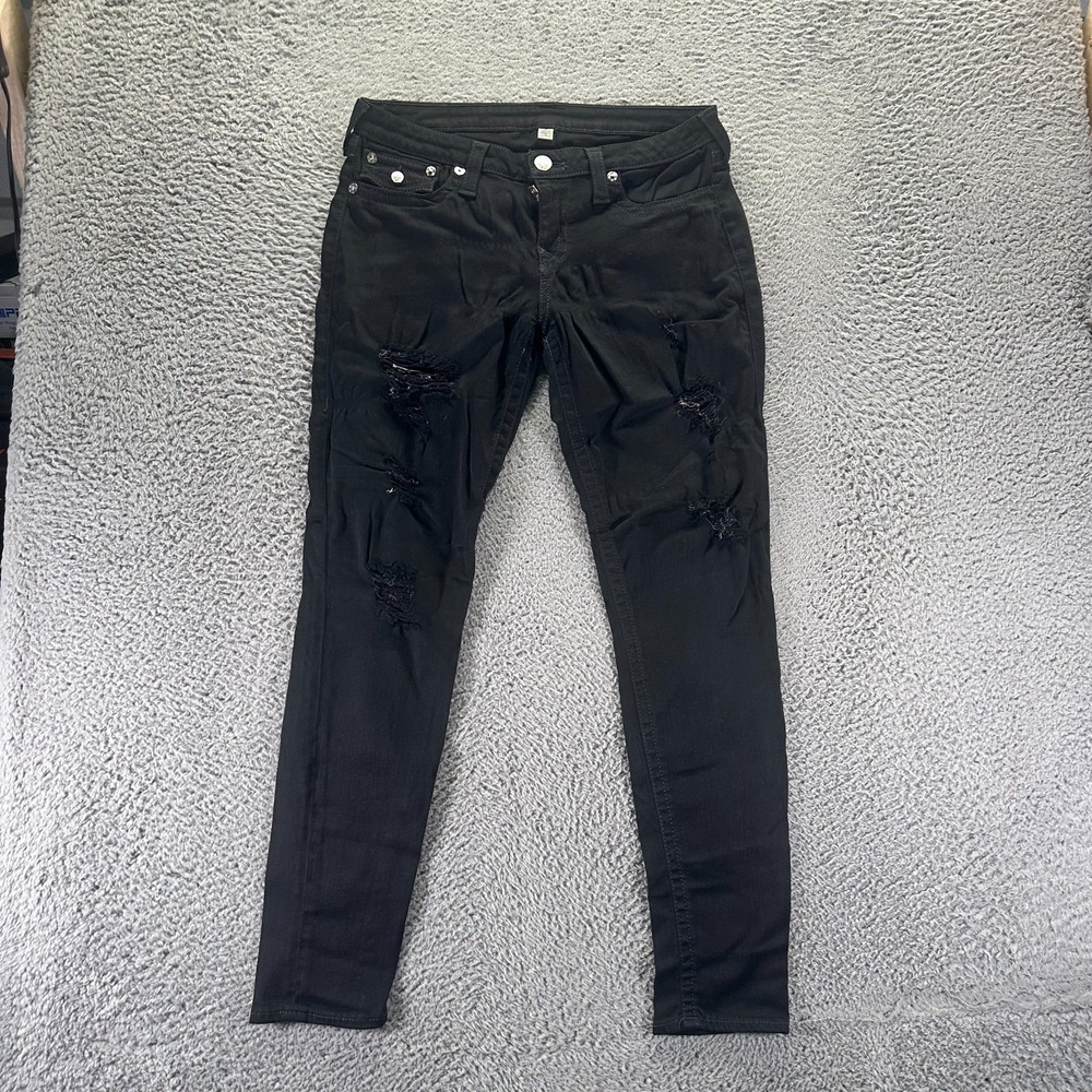 True Religion Jeans Womens 31x32 Black Cotton Denim Skinny Distressed Stretch